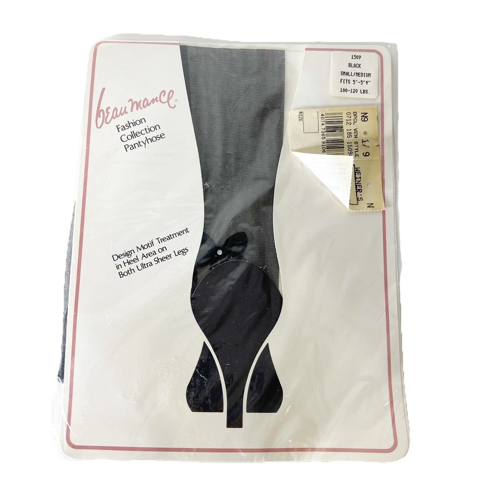 Vintage Beau Mance Black Ultra Sheer Pantyhose Small/Medium Bow Design Motif